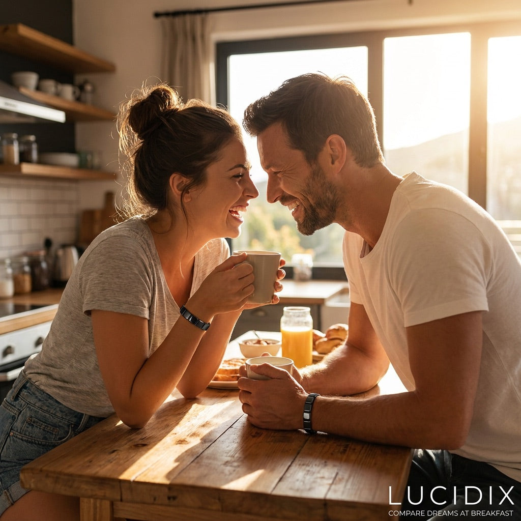 A couple comparing dreams over coffee at breakfast, both wearing Lucidix bands