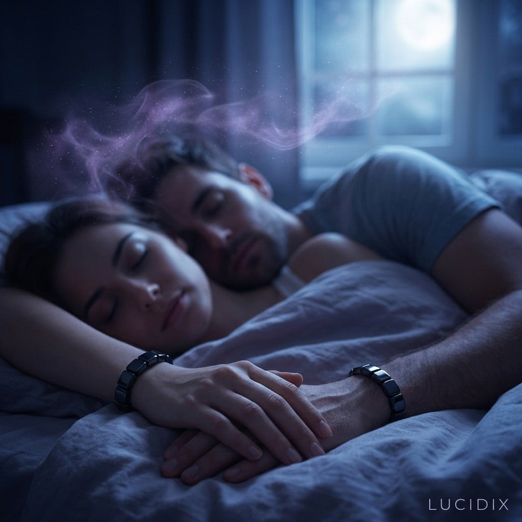 A couple asleep side by side, both wearing Lucidix bands