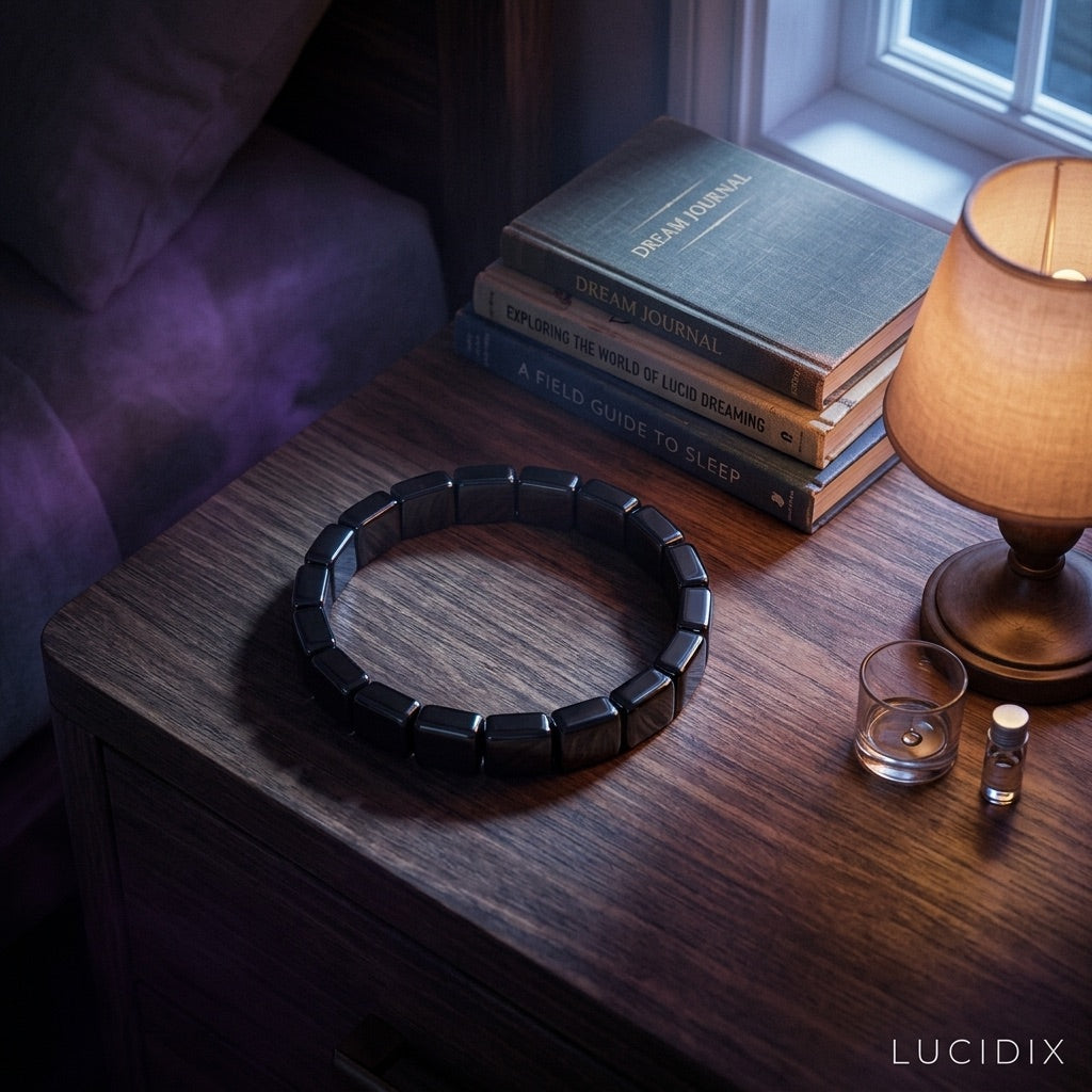 The Lucidix band resting on a nightstand beside dream journals