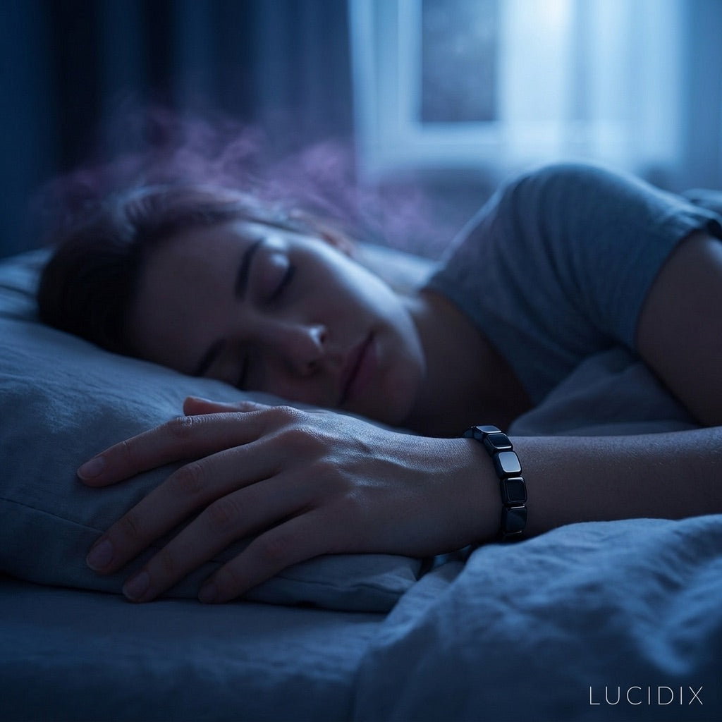 A woman asleep at night wearing the Lucidix Dream Band on her wrist