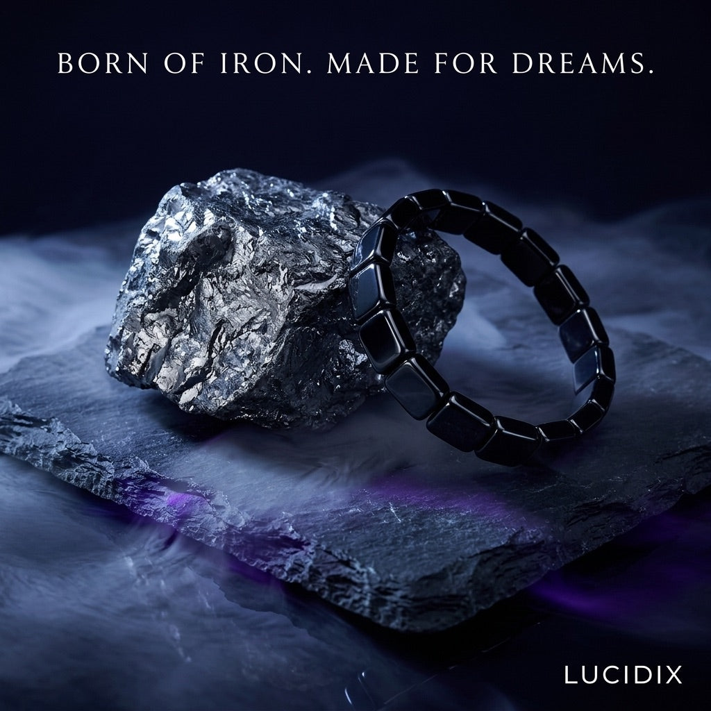 Raw hematite ore beside the polished Lucidix band